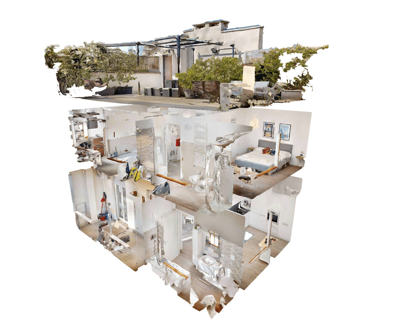 modello 3D dollhouse di un bed and breakfast con terrazza
