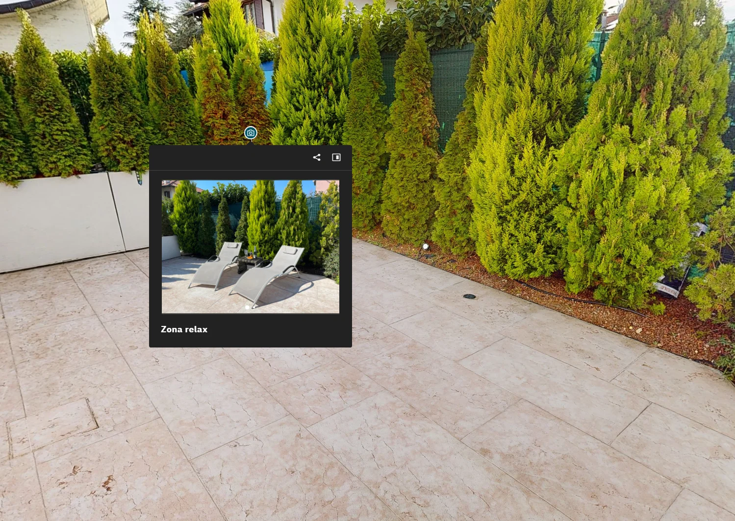 virtual tour 360 di un giardino con punto d'interazione aperto
